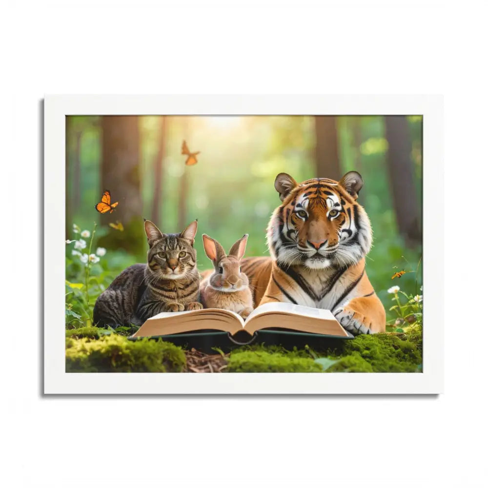 Whimsical Nature Framed Poster: Cats & Tigers Reading Animal Lovers Art Home Decor Gift for Kids Nursery Wall Art