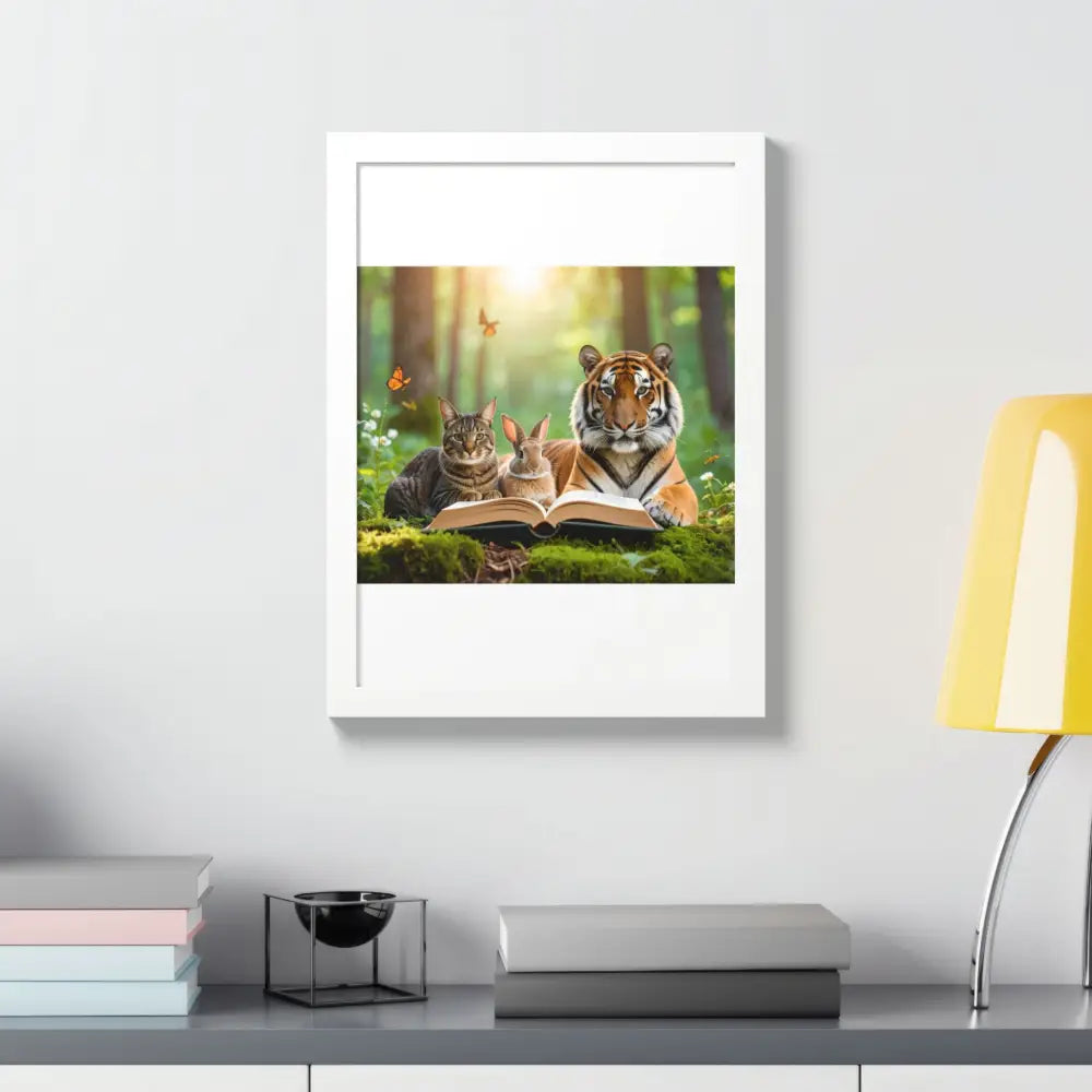 Whimsical Nature Framed Poster: Cats & Tigers Reading Animal Lovers Art Home Decor Gift for Kids Nursery Wall Art