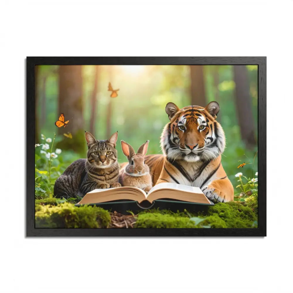 Whimsical Nature Framed Poster: Cats & Tigers Reading Animal Lovers Art Home Decor Gift for Kids Nursery Wall Art