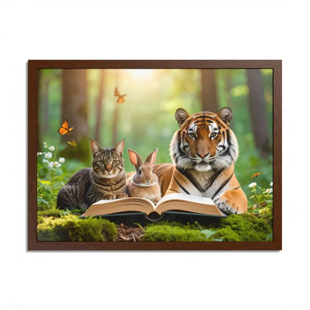 Whimsical Nature Framed Poster: Cats & Tigers Reading Animal Lovers Art Home Decor Gift for Kids Nursery Wall Art