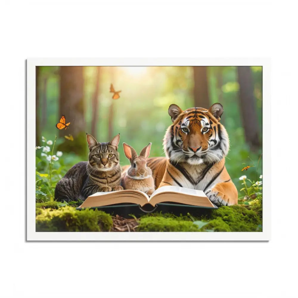 Whimsical Nature Framed Poster: Cats & Tigers Reading Animal Lovers Art Home Decor Gift for Kids Nursery Wall Art