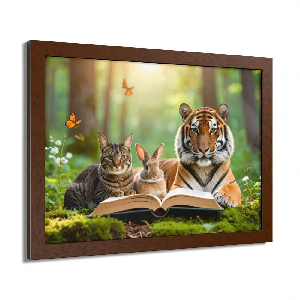 Whimsical Nature Framed Poster: Cats & Tigers Reading Animal Lovers Art Home Decor Gift for Kids Nursery Wall Art