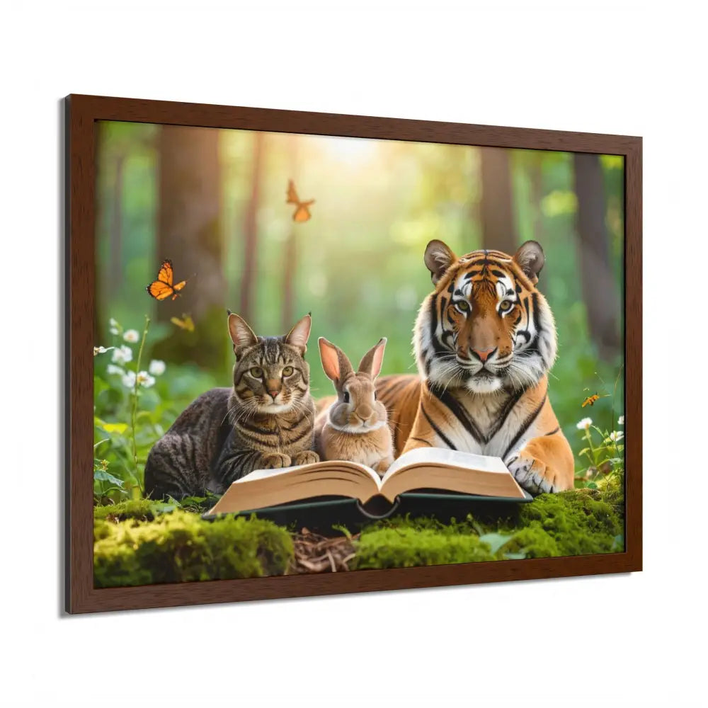 Whimsical Nature Framed Poster: Cats & Tigers Reading Animal Lovers Art Home Decor Gift for Kids Nursery Wall Art