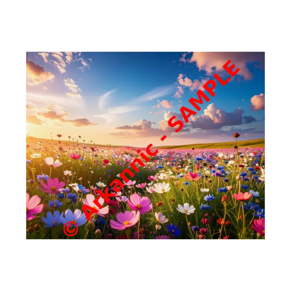 Wildflower Sunset Symphony: Cosmos Meadow Landscape Golden Hour Nature Art Poster 14″ x 11″ Poster