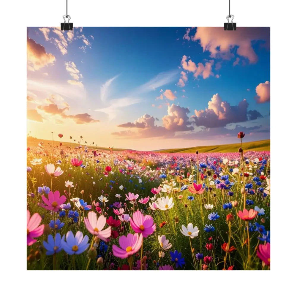 Wildflower Sunset Symphony: Cosmos Meadow Landscape Golden Hour Nature Art Poster Poster
