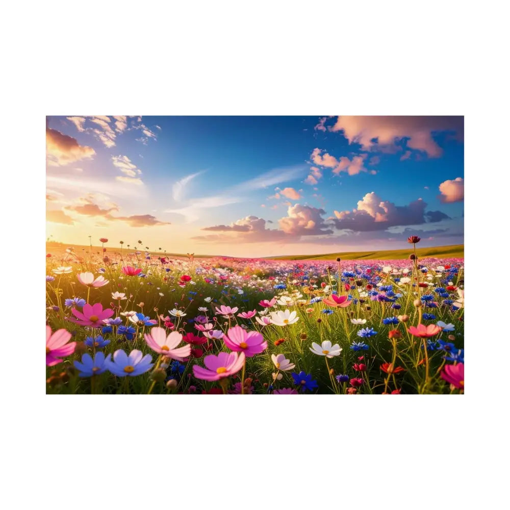 Wildflower Sunset Symphony: Cosmos Meadow Landscape Golden Hour Nature Art Poster 36″ x 24″ Poster