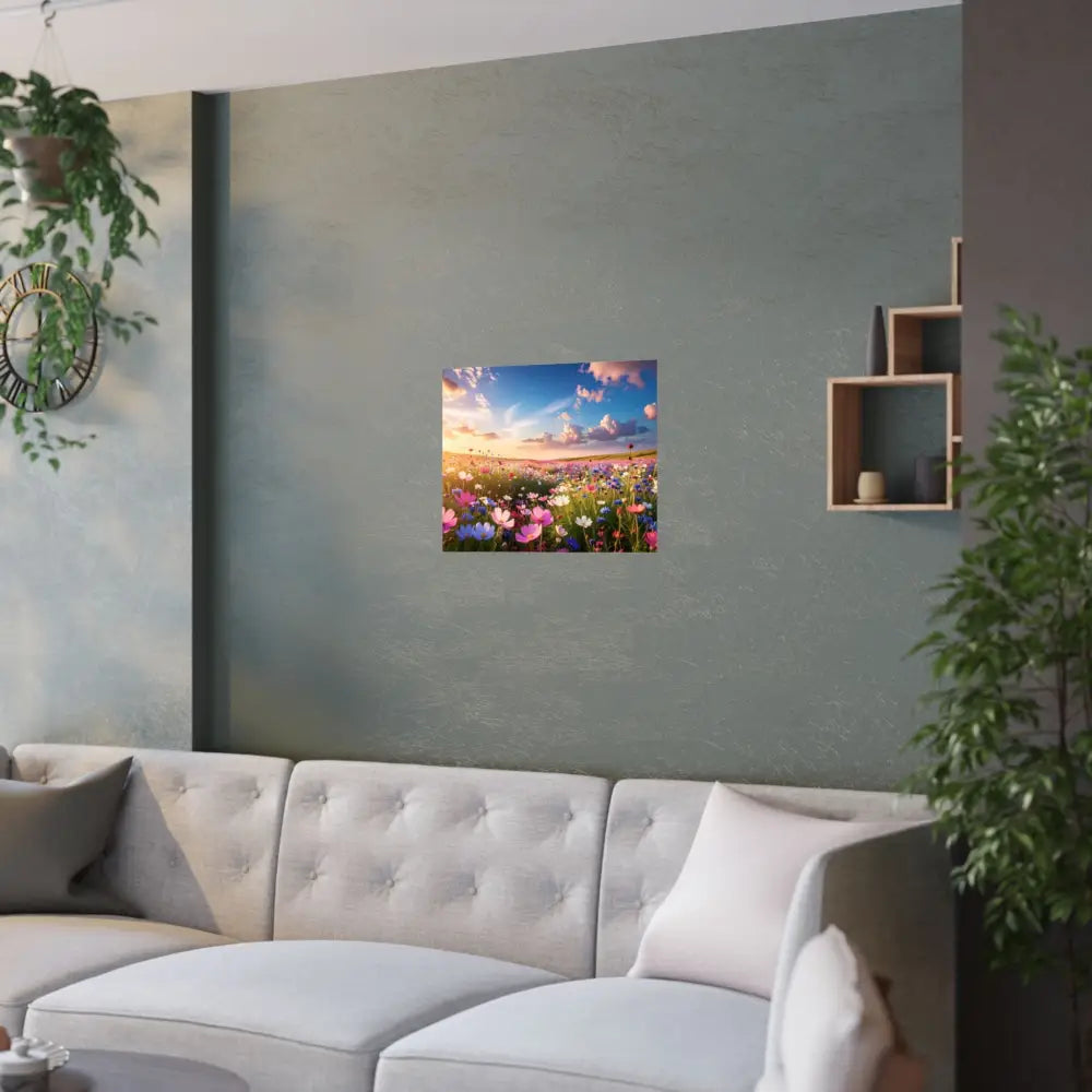 Wildflower Sunset Symphony: Cosmos Meadow Landscape Golden Hour Nature Art Poster Poster