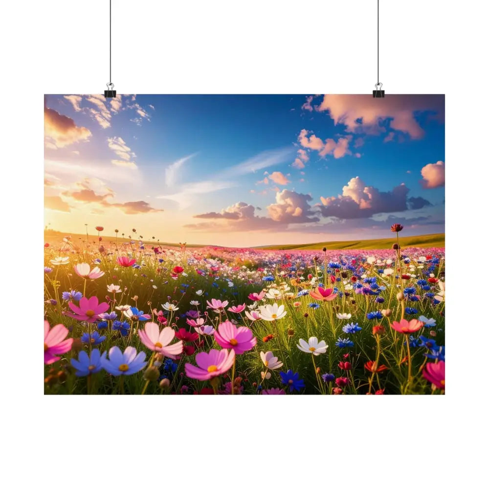 Wildflower Sunset Symphony: Cosmos Meadow Landscape Golden Hour Nature Art Poster Poster