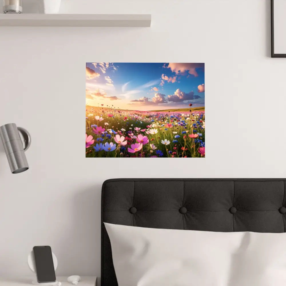 Wildflower Sunset Symphony: Cosmos Meadow Landscape Golden Hour Nature Art Poster Poster