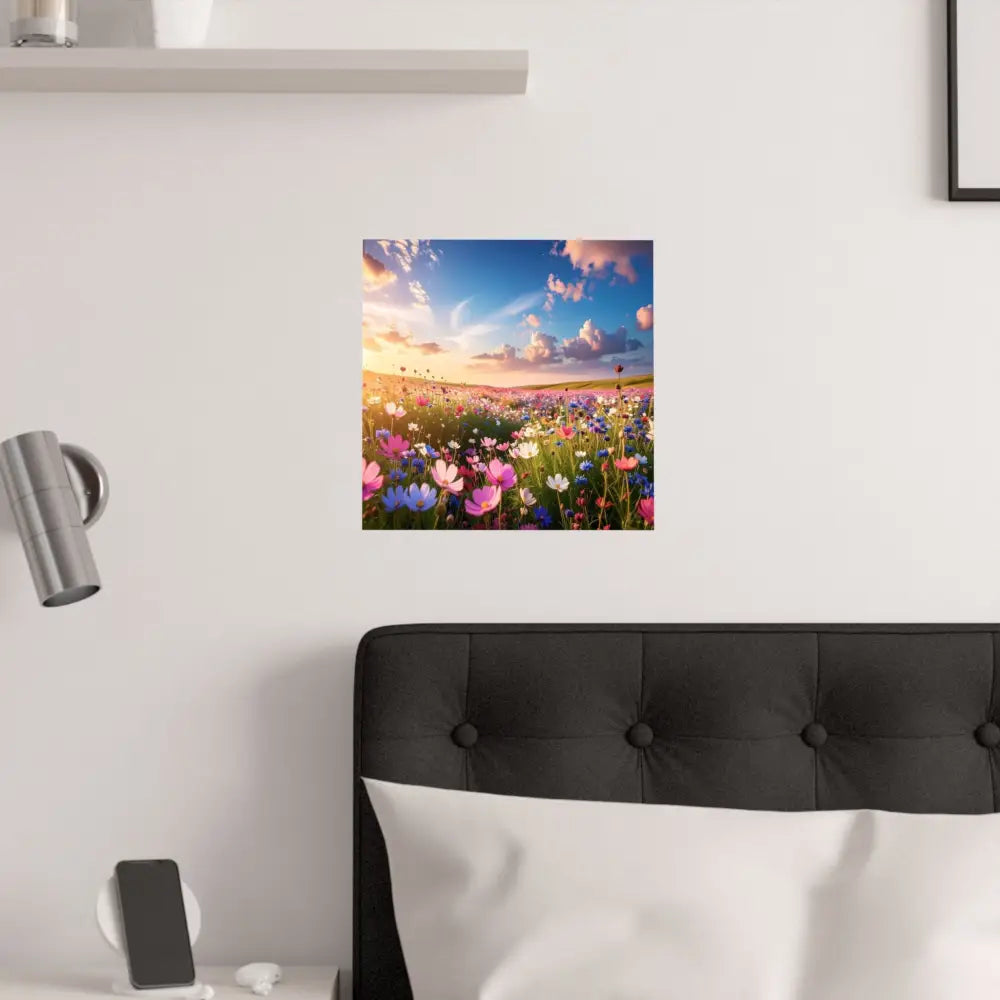 Wildflower Sunset Symphony: Cosmos Meadow Landscape Golden Hour Nature Art Poster Poster