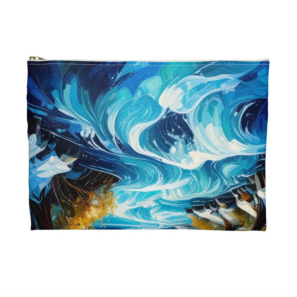 Winter’s Flowing Passage: Serene River Landscape Impressionist Winter Scene Accessory Pouch Bags