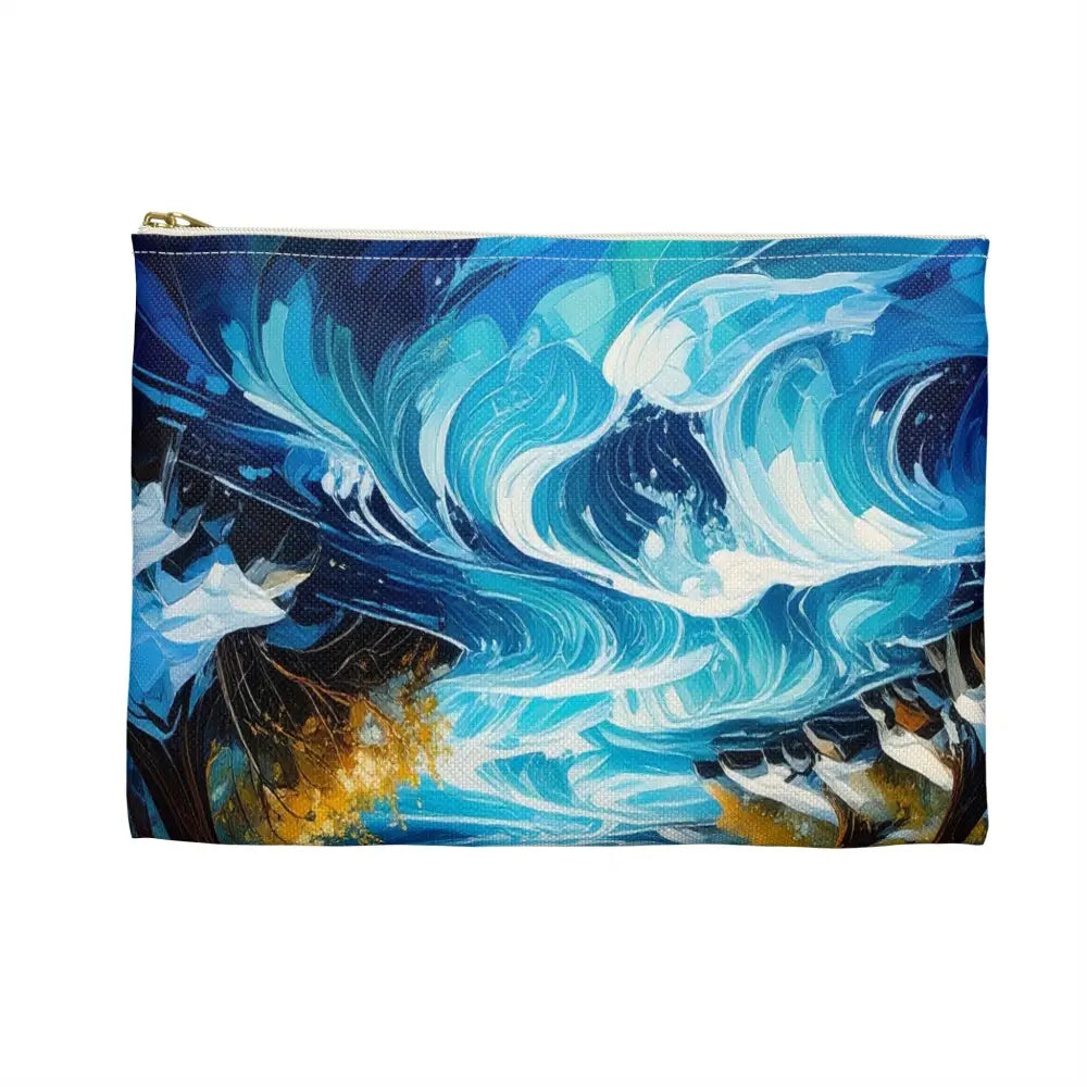 Winter’s Flowing Passage: Serene River Landscape Impressionist Winter Scene Accessory Pouch Bags