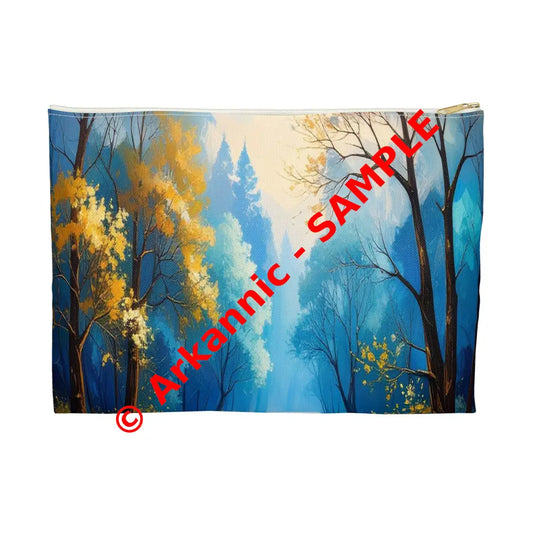 Winter’s Flowing Passage: Serene River Landscape Impressionist Winter Scene Accessory Pouch Large / White zipper Bags