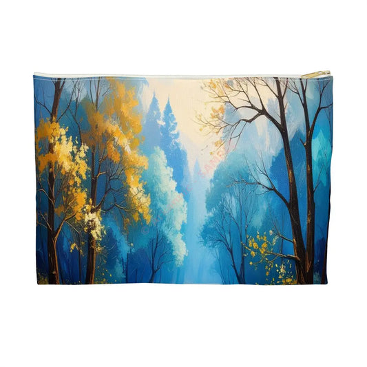 Winter’s Flowing Passage: Serene River Landscape Impressionist Winter Scene Accessory Pouch Large / White zipper Bags