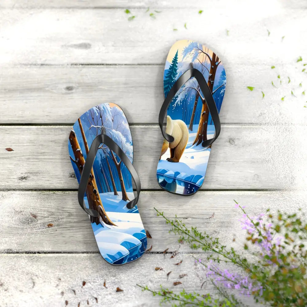 Winter’s Reflection: Majestic Bears in Snow Wilderness Landscape Painting Flip Flop Shoes Shoes