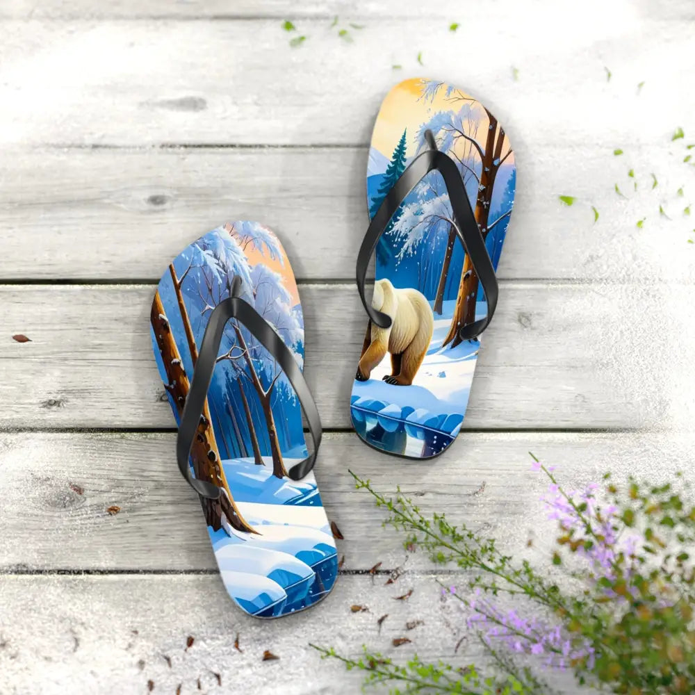 Winter’s Reflection: Majestic Bears in Snow Wilderness Landscape Painting Flip Flop Shoes Shoes