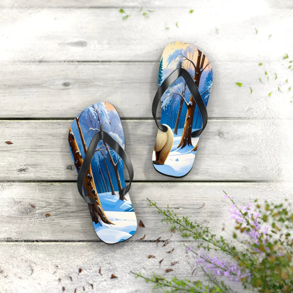 Winter’s Reflection: Majestic Bears in Snow Wilderness Landscape Painting Flip Flop Shoes Shoes