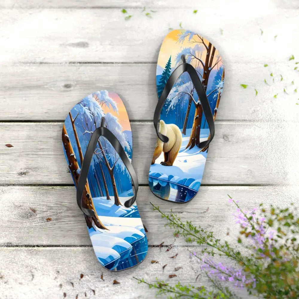 Winter’s Reflection: Majestic Bears in Snow Wilderness Landscape Painting Flip Flop Shoes Shoes