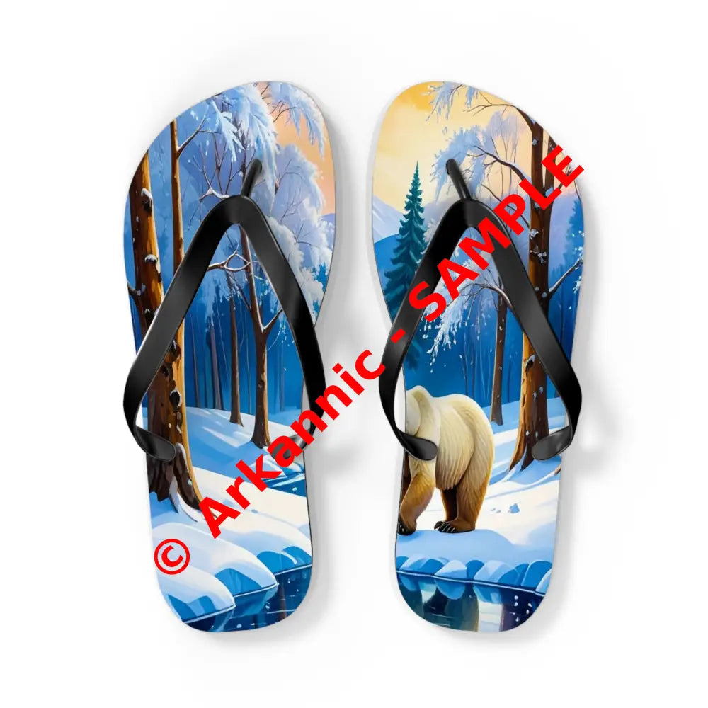 Winter’s Reflection: Majestic Bears in Snow Wilderness Landscape Painting Flip Flop Shoes L / Black sole Shoes