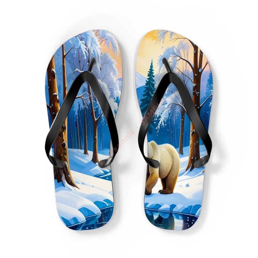 Winter’s Reflection: Majestic Bears in Snow Wilderness Landscape Painting Flip Flop Shoes L / Black sole Shoes