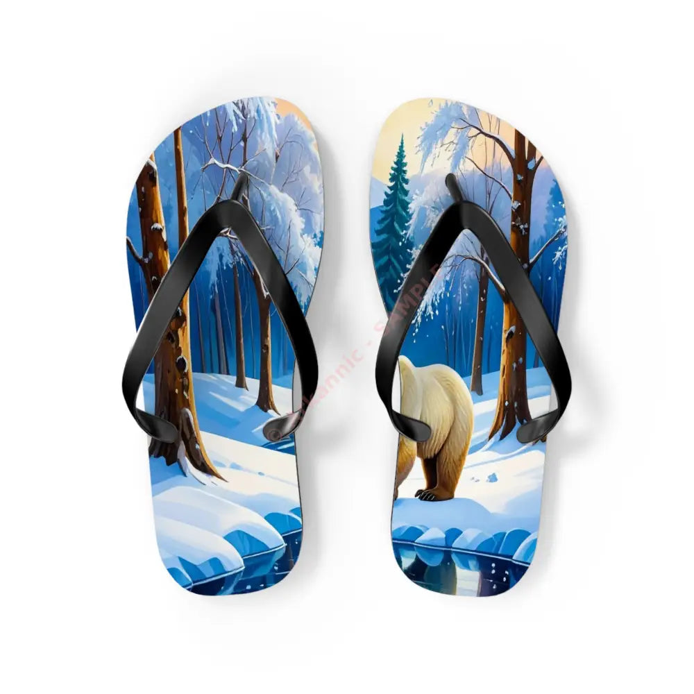 Winter’s Reflection: Majestic Bears in Snow Wilderness Landscape Painting Flip Flop Shoes M / Black sole Shoes