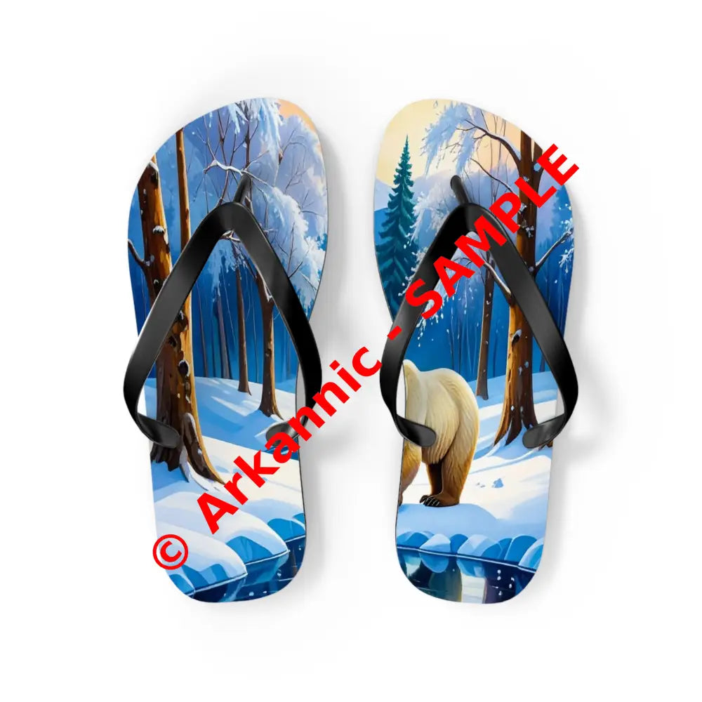 Winter’s Reflection: Majestic Bears in Snow Wilderness Landscape Painting Flip Flop Shoes M / Black sole Shoes