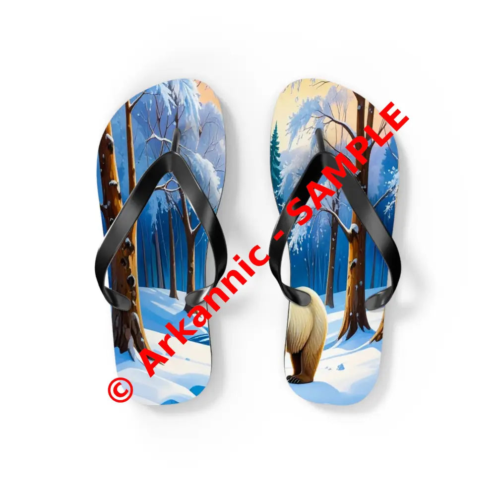 Winter’s Reflection: Majestic Bears in Snow Wilderness Landscape Painting Flip Flop Shoes S / Black sole Shoes