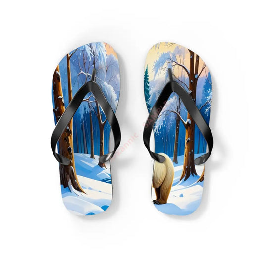 Winter’s Reflection: Majestic Bears in Snow Wilderness Landscape Painting Flip Flop Shoes S / Black sole Shoes