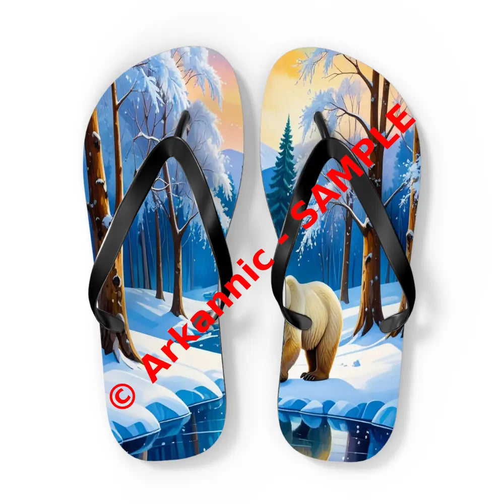 Winter’s Reflection: Majestic Bears in Snow Wilderness Landscape Painting Flip Flop Shoes XL / Black sole Shoes