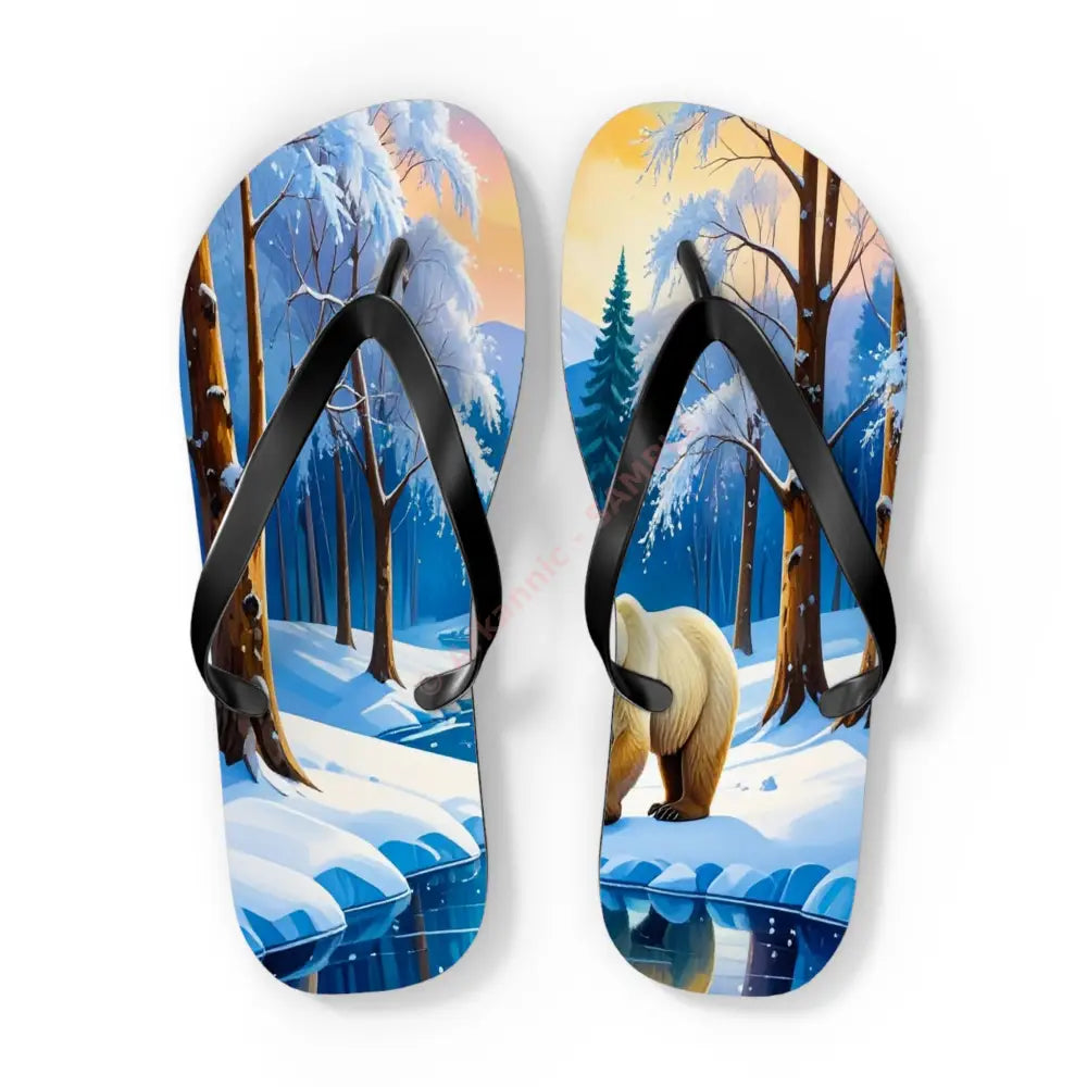 Winter’s Reflection: Majestic Bears in Snow Wilderness Landscape Painting Flip Flop Shoes XL / Black sole Shoes