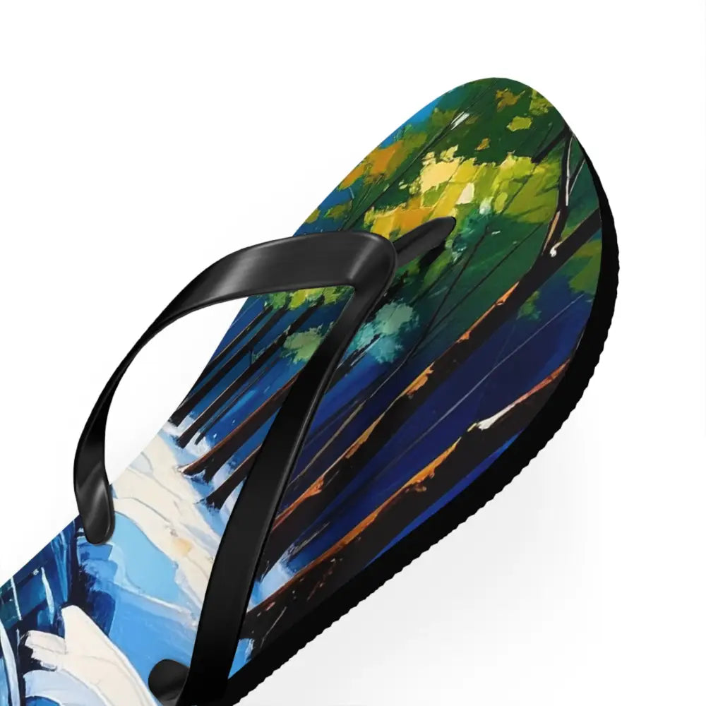 Winter’s Reflection: Serene River Landscape Impressionist Winter Scene Flip Flop Shoes Shoes