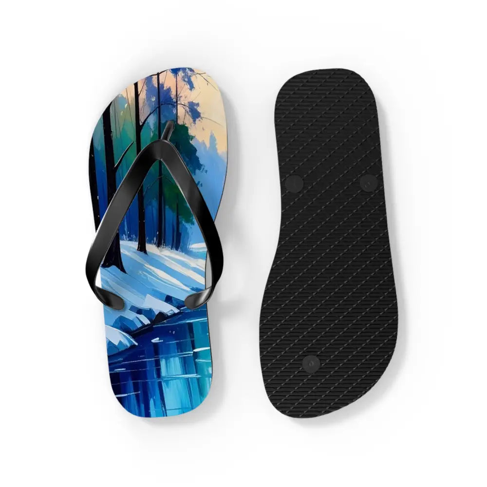 Winter’s Reflection: Serene River Landscape Impressionist Winter Scene Flip Flop Shoes Shoes