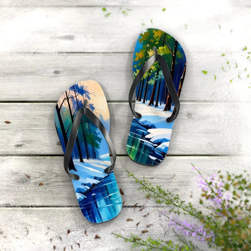 Winter’s Reflection: Serene River Landscape Impressionist Winter Scene Flip Flop Shoes Shoes