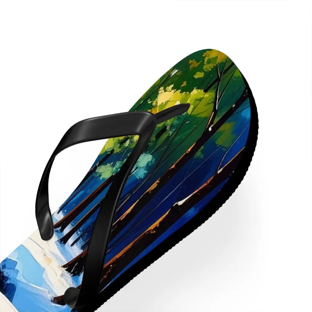 Winter’s Reflection: Serene River Landscape Impressionist Winter Scene Flip Flop Shoes Shoes