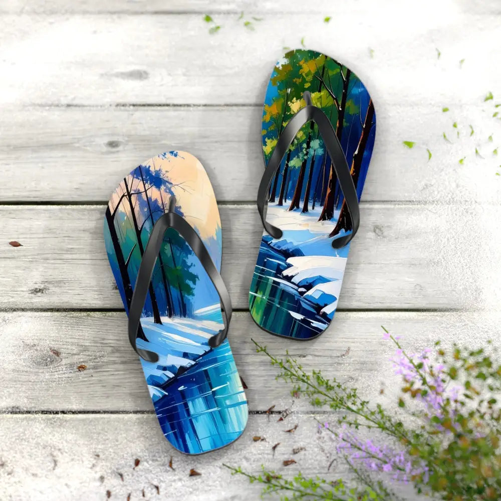 Winter’s Reflection: Serene River Landscape Impressionist Winter Scene Flip Flop Shoes Shoes