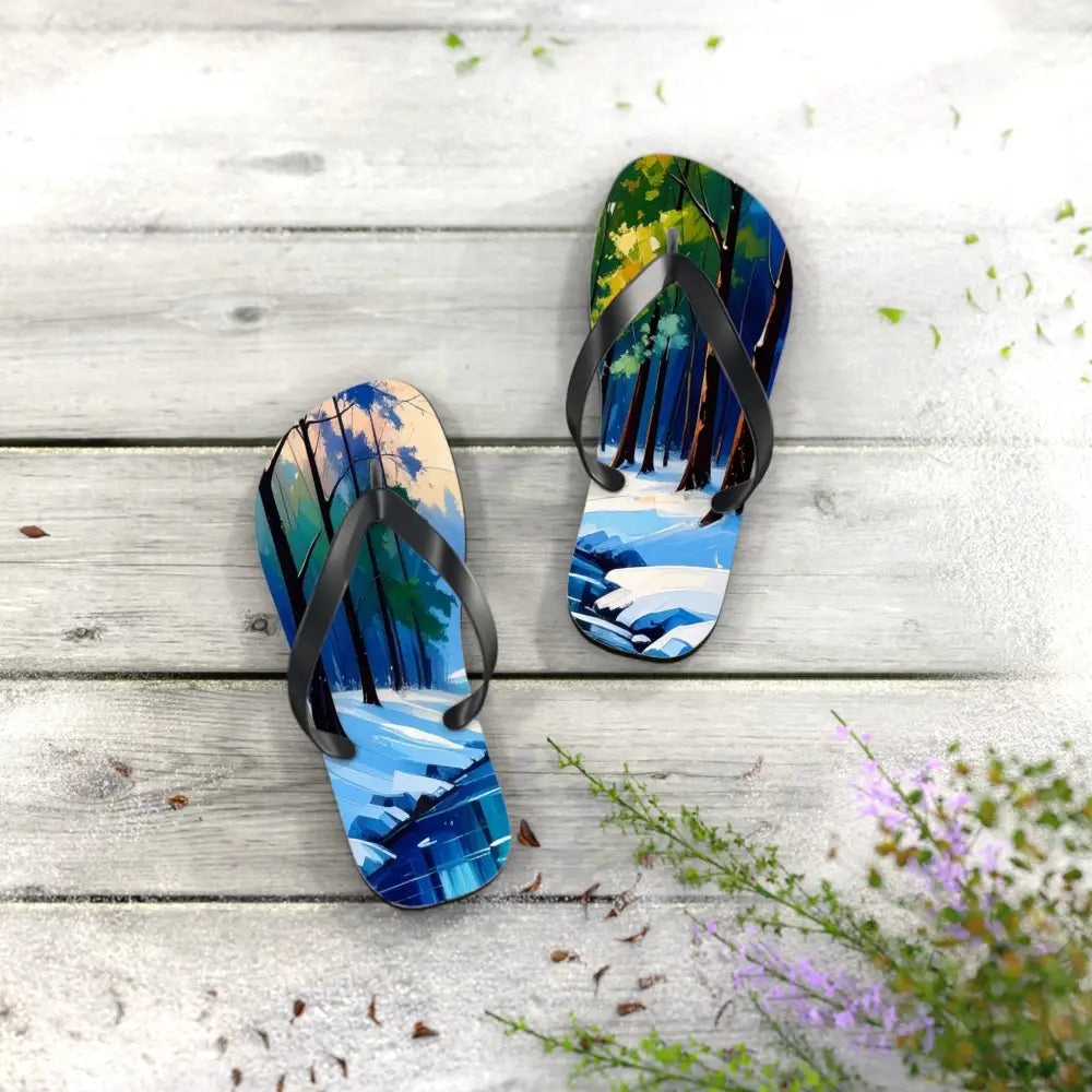 Winter’s Reflection: Serene River Landscape Impressionist Winter Scene Flip Flop Shoes Shoes