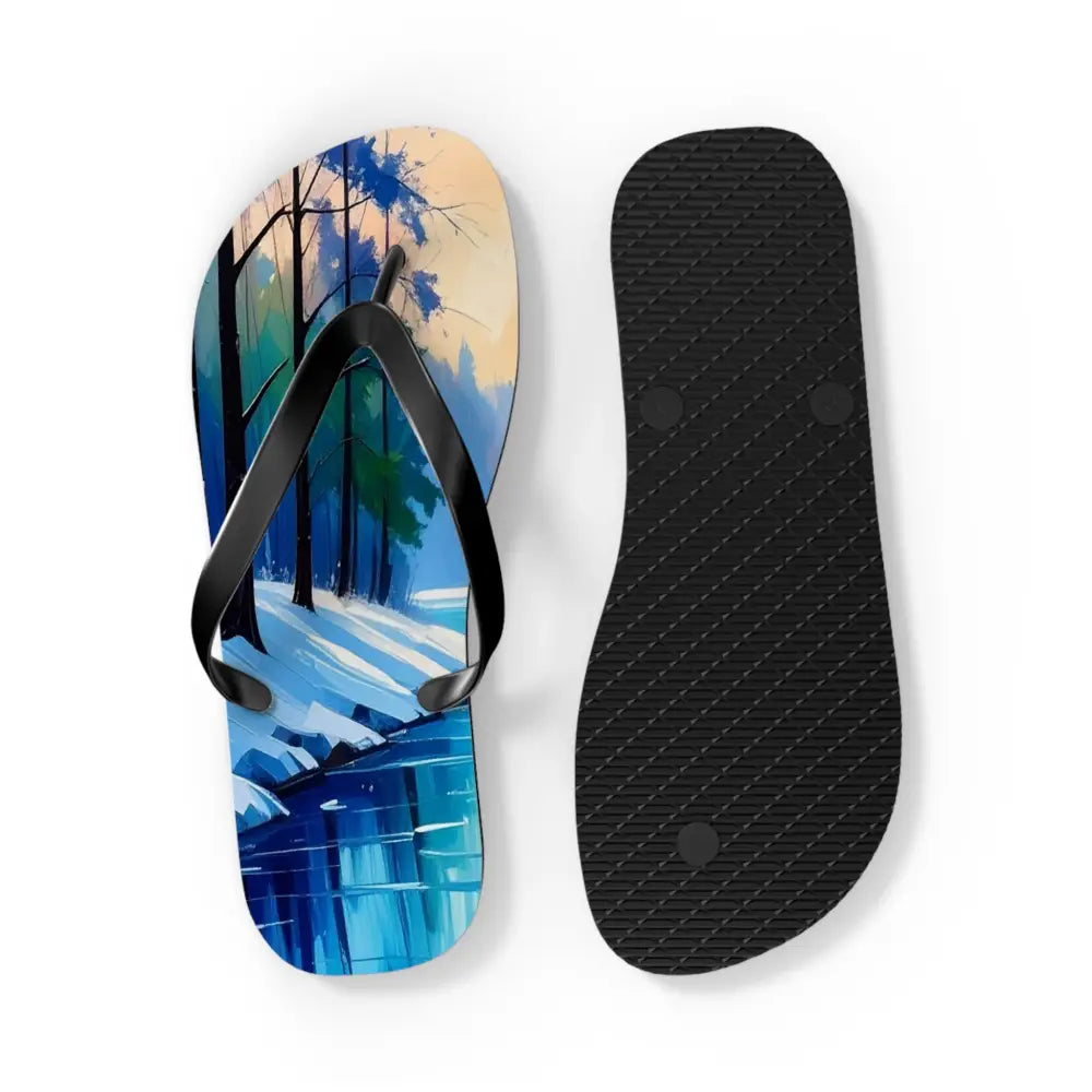 Winter’s Reflection: Serene River Landscape Impressionist Winter Scene Flip Flop Shoes Shoes