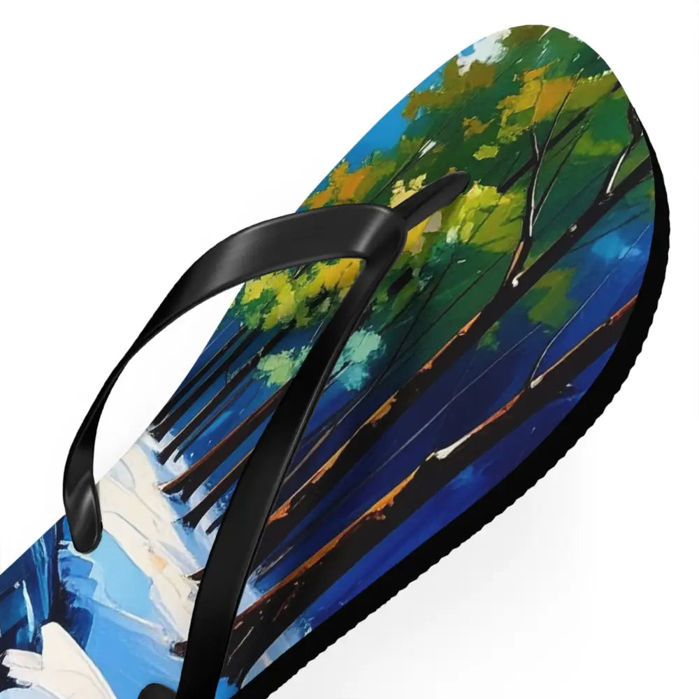 Winter’s Reflection: Serene River Landscape Impressionist Winter Scene Flip Flop Shoes Shoes