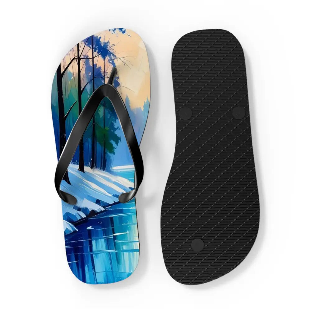 Winter’s Reflection: Serene River Landscape Impressionist Winter Scene Flip Flop Shoes Shoes