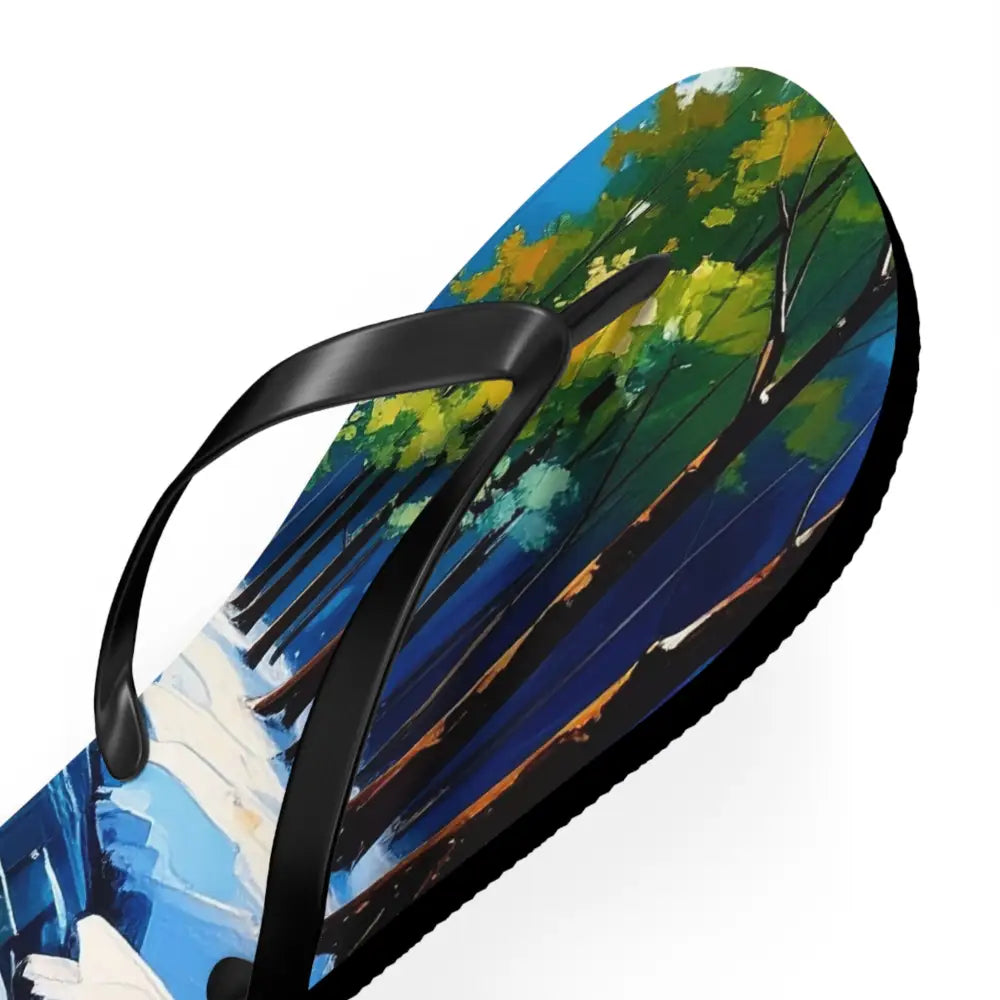Winter’s Reflection: Serene River Landscape Impressionist Winter Scene Flip Flop Shoes Shoes