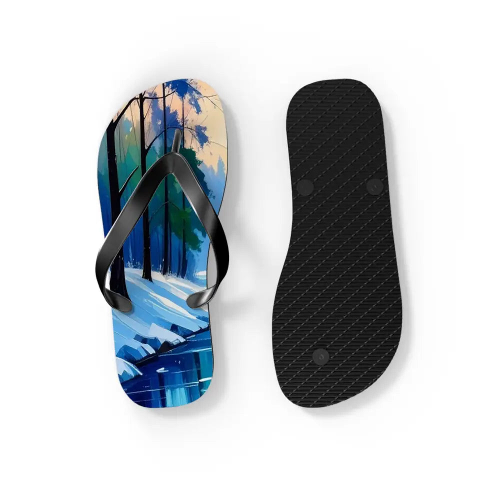 Winter’s Reflection: Serene River Landscape Impressionist Winter Scene Flip Flop Shoes Shoes