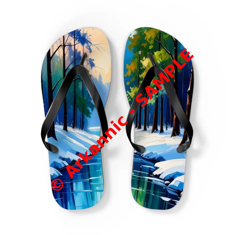 Winter’s Reflection: Serene River Landscape Impressionist Winter Scene Flip Flop Shoes L / Black sole Shoes