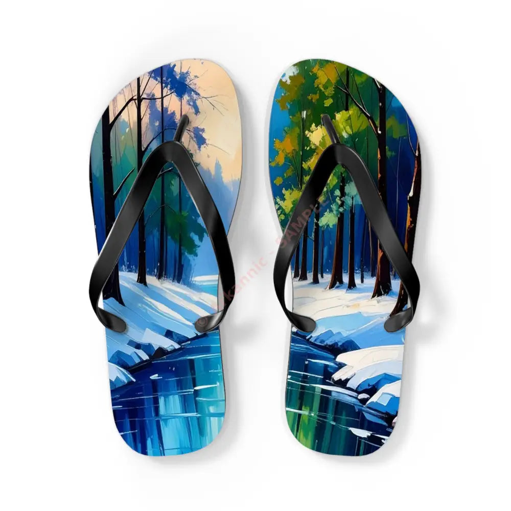 Winter’s Reflection: Serene River Landscape Impressionist Winter Scene Flip Flop Shoes L / Black sole Shoes
