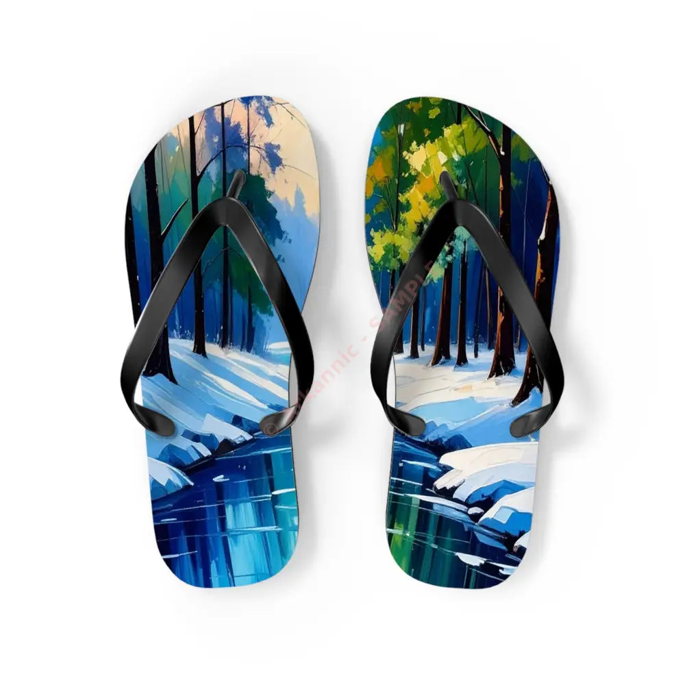 Winter’s Reflection: Serene River Landscape Impressionist Winter Scene Flip Flop Shoes M / Black sole Shoes
