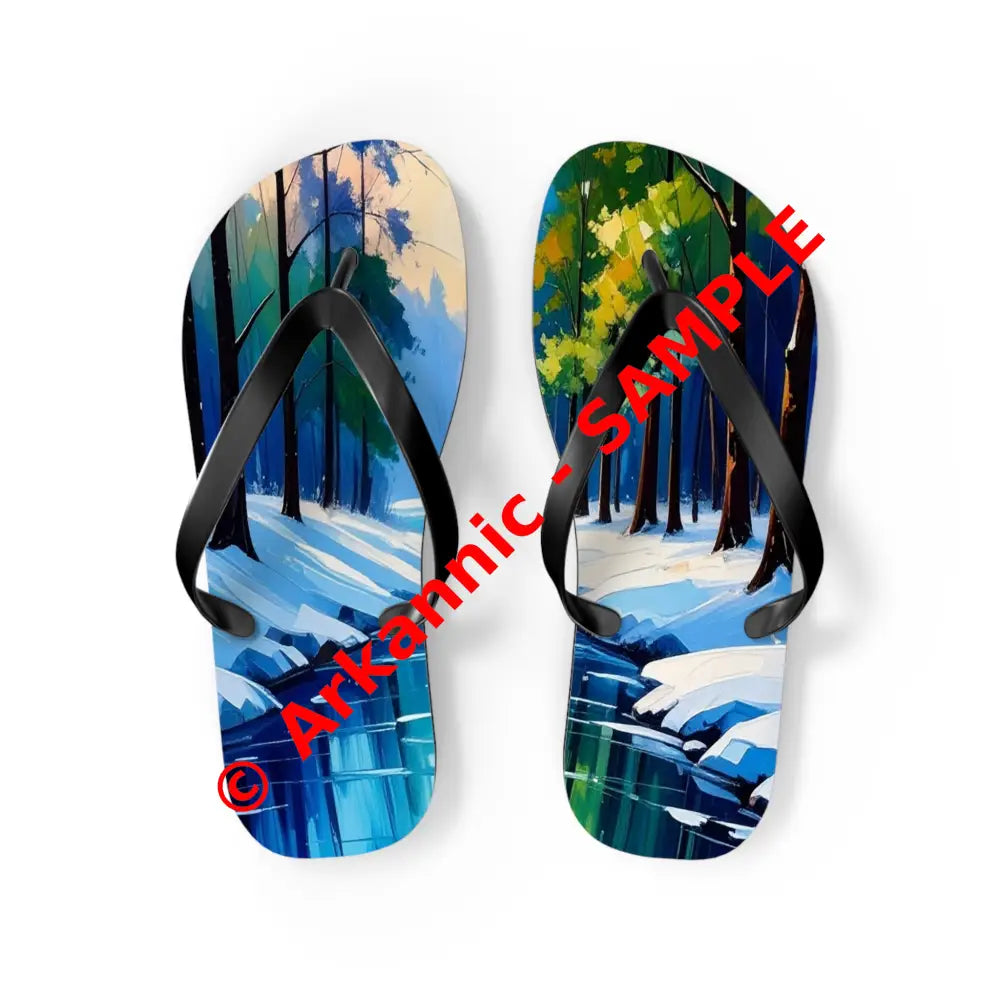 Winter’s Reflection: Serene River Landscape Impressionist Winter Scene Flip Flop Shoes M / Black sole Shoes
