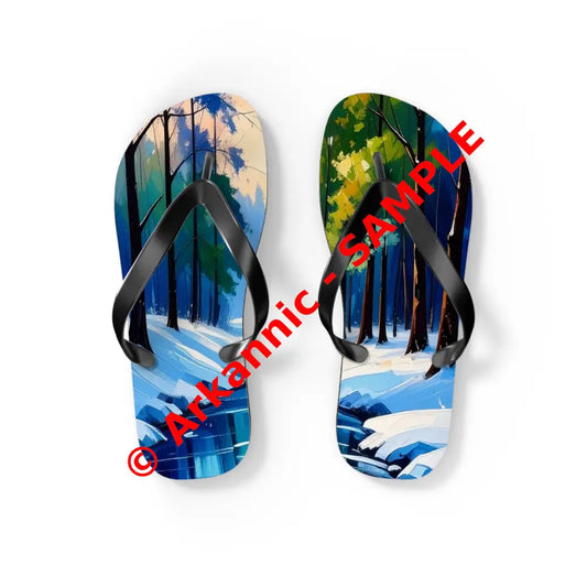 Winter’s Reflection: Serene River Landscape Impressionist Winter Scene Flip Flop Shoes S / Black sole Shoes