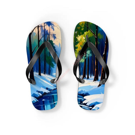 Winter’s Reflection: Serene River Landscape Impressionist Winter Scene Flip Flop Shoes S / Black sole Shoes