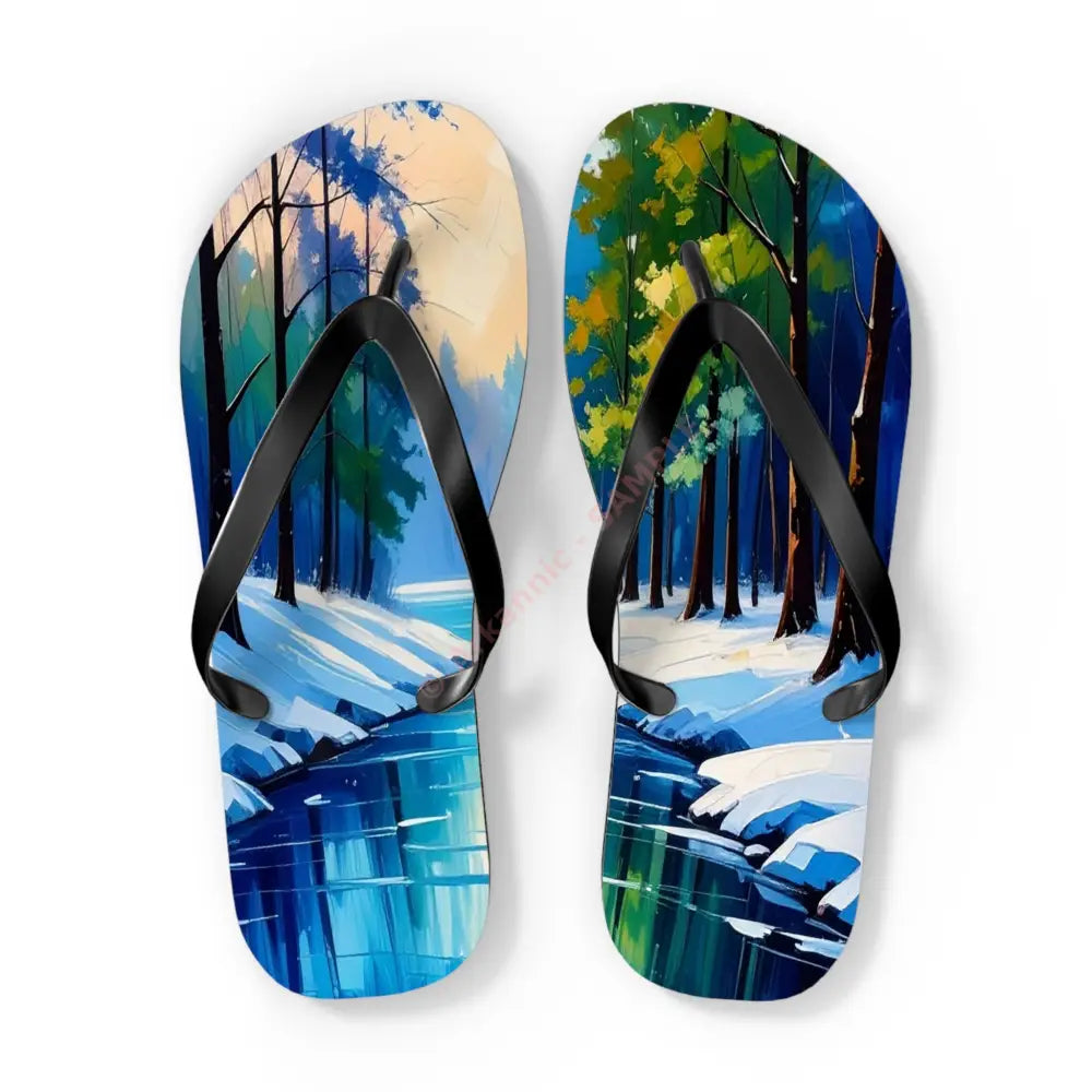 Winter’s Reflection: Serene River Landscape Impressionist Winter Scene Flip Flop Shoes XL / Black sole Shoes